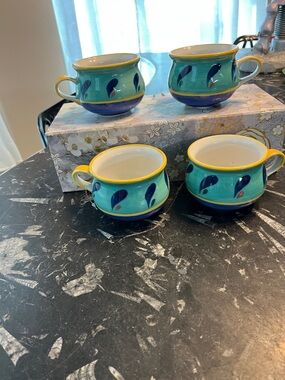 Studio Nova Turquoise and Yellow Ceramic Soup Mugs - Set of 4